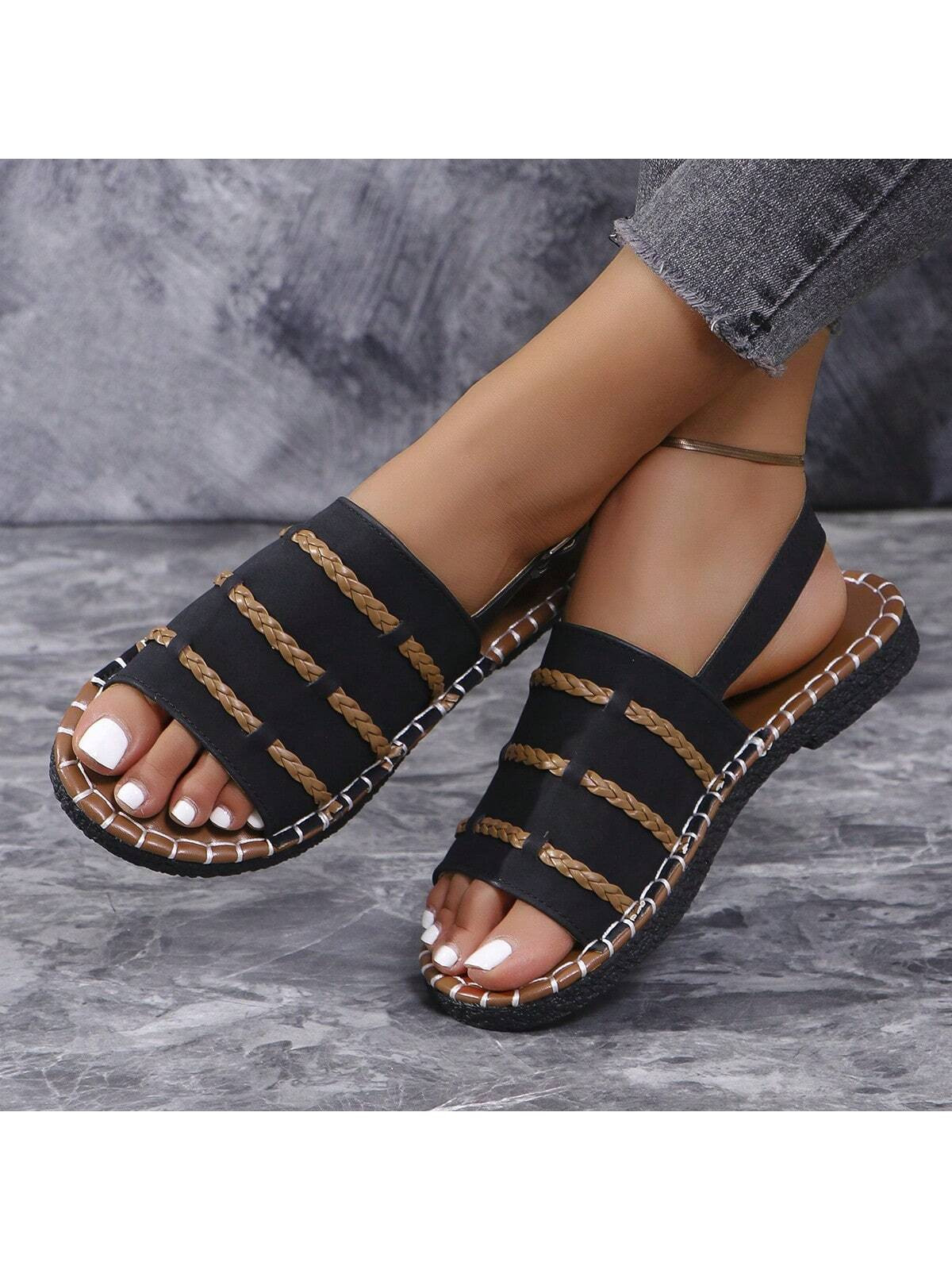 Women's Flat Sandals, Button Elastic Woven Slip-On Flat Sandals Slippers Solid Color Open Toe Non-Slip Slippers For Outdoor & Indoor, Black