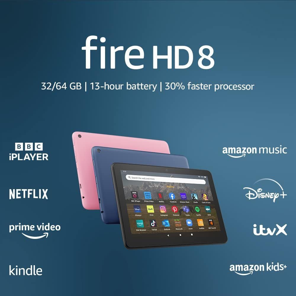 Amazon Fire HD 8 tablet | 8-inch HD display, 32 GB, 30% faster processor, designed for portable entertainment, 2022 release, with ads,