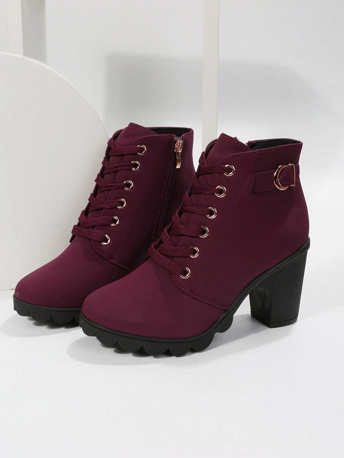 Ankle Boots And Short Boots, Burgundy, High Heels, Lace-Up, Side Zipper Design