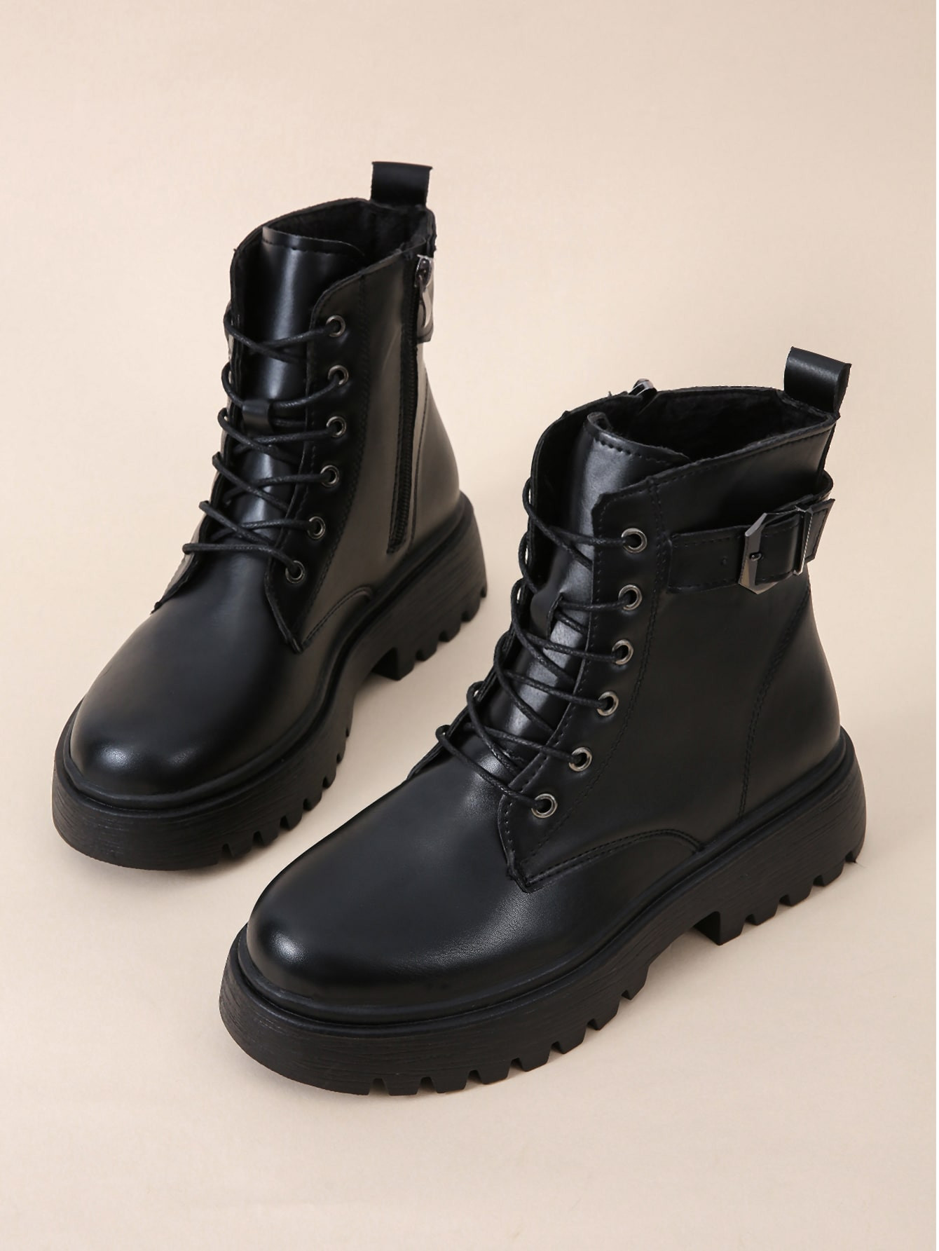 Buckle Design Lace-Up Front Minimalist Side Zipper Combat Boots